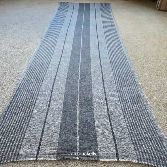 NWOT Cashmere Scarf Light and Dark Grey Stripe Diamond Weave - Picture 8 of 14